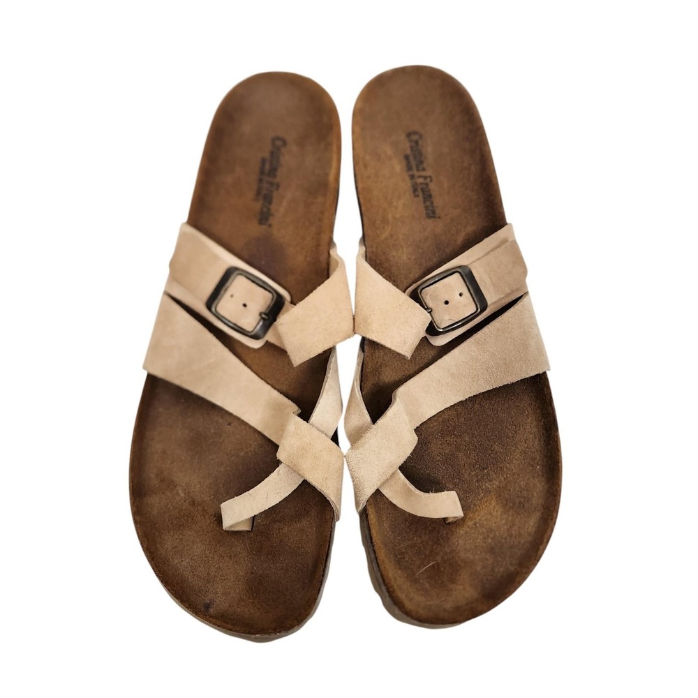 CRISTINA FRANCINI Sandals Womens 10 Beige Leather Toe Loop Cork Wedge Shoes